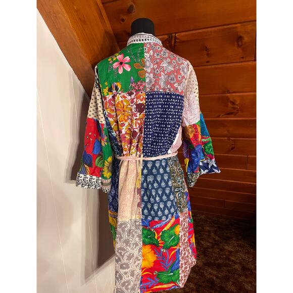Kantha Style Bright Vibrant, Handmade Upcycled India Patchwork Cotton Robe - Picture 8 of 11